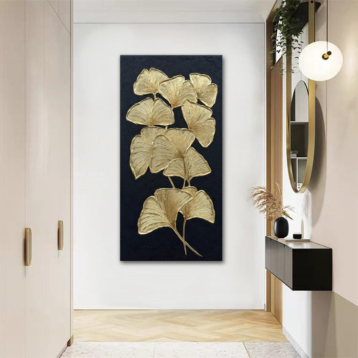 Large Gold Gingko Paintings Vertical Textured Wall Art, Gold and Black 3D Abstract Oil Painting on Canvas Wall Art Ready to Hang