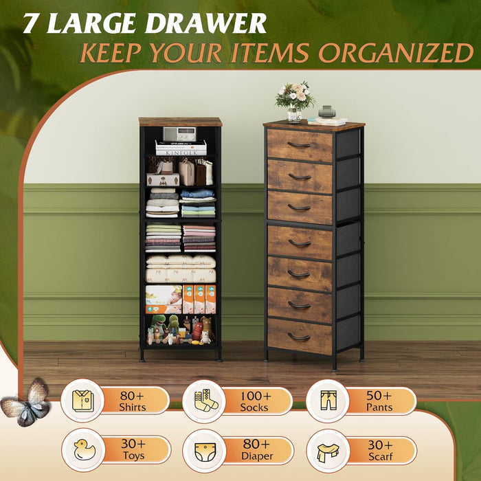 Tall Dresser for Bedroom, 7 Drawer Dressers & Chests of Drawers, Fabric Dresser for Closet, Night Stand with Metal Frame, Storage Tower with Fabric Bins, Wood Top, Rustic Brown Wood Grain Print