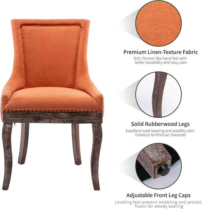 Modern Dining Chairs Set of 2, Fabric Upholstered High Back Chairs with Nailhead Trim and Curved Solid Wood Legs, Sillas De Comedor Accent Chairs for Dining Room, Orange