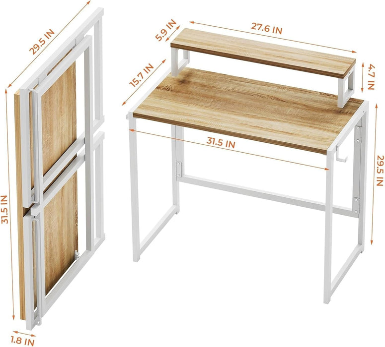 Small Folding Desk 31.5 Inch, Foldable Computer Desks with LED Lights and Monitor Stand, Work Portable Table for Bedroom Home Office, Oak