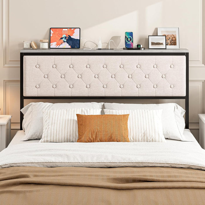 Headboard Queen Size with Storage and Charging Station, Upholstered Queen Storage Headboard Only with Bed Frame Brackets Adapter, Button Tufted Design, Easy Assembly, Beige