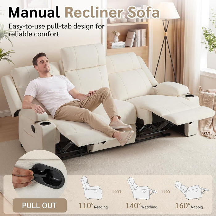 Manual Reclining Sofa, Space-Saving Reclining Couch with Convertible Table & Cup Holders & Storage Pockets, Compact 3-Seater Recliner Couch for Living Room, Home Theater & Apartment (Beige)