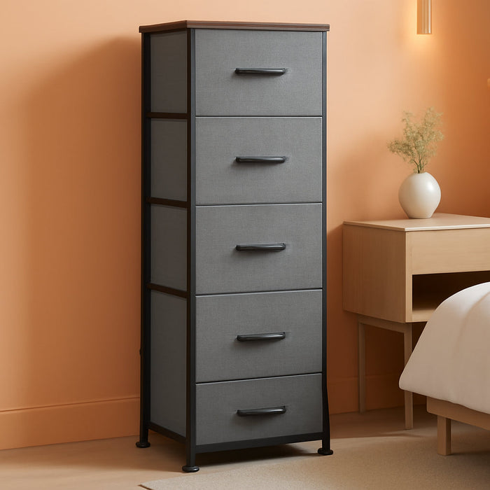 Fabric Dresser, 5-Drawer Tall Dresser for Bedroom, Storage Dresser Organizer with Fabric Bins, Wood Top, Sturdy Steel Frame, Chest of Drawers for Closet, Hallway, Dark Grey