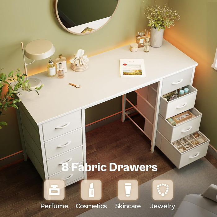 47 Inch Vanity Desk with 8 Drawers, White Desk, Makeup Desk with Large Storage, Fabric Drawers, Wooden Desktop, Computer Desk Work Desk, for Home Office, Bedroom