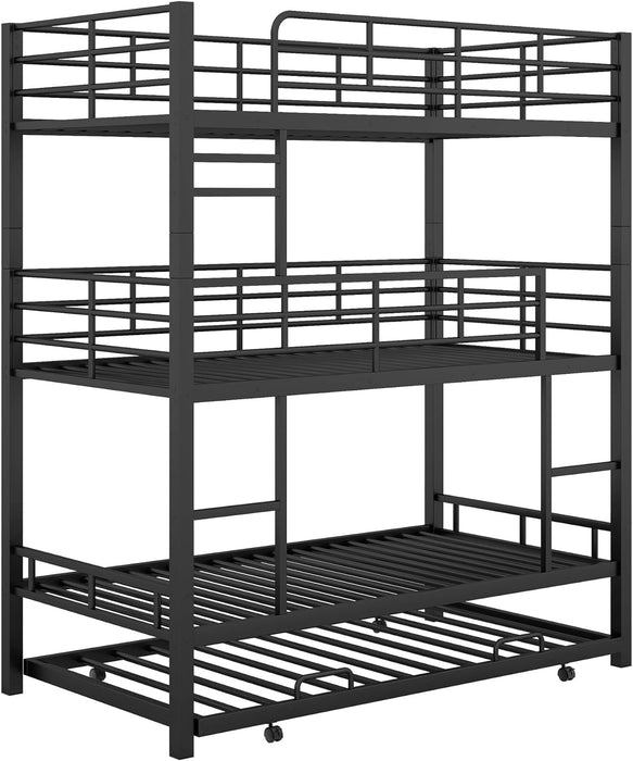 Metal Twin Size Triple Bunk Bed with Trundle for 4, Bunk Beds with 2 Ladders & Guardrails, Convertible to 3 Separate Beds for Kids Teens, Space-Saving, Black