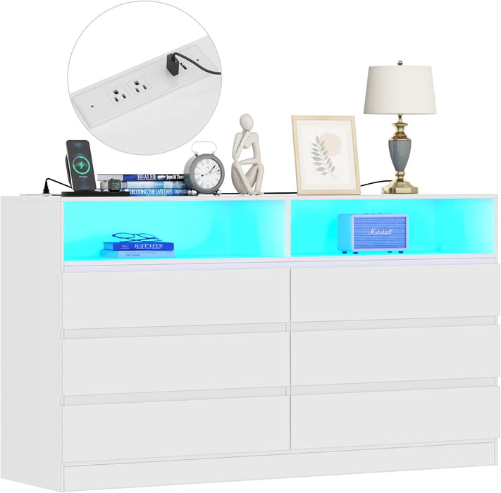 6 Drawer Double Dresser with Power Outlet, Accent Chests of Drawers with LED Light, Modern White Storage Dresser with Charging Station (Mirror Not Included)