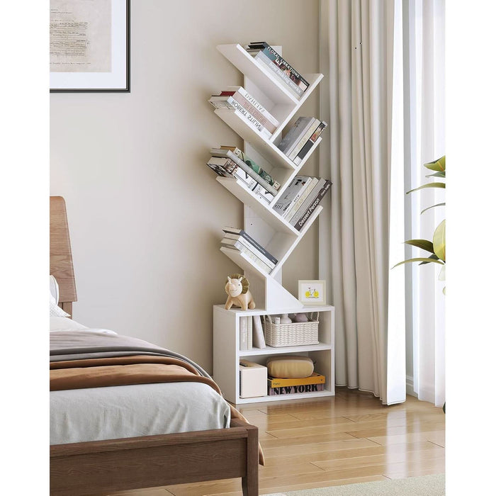 6 Tier Tree Bookshelf, Tall Bookcase with Storage Cabinet, Modern Narrow Bookshelves Organizer, Floor Standing Book Shelf for Bedroom/Living Room/Home Office/Corner, White