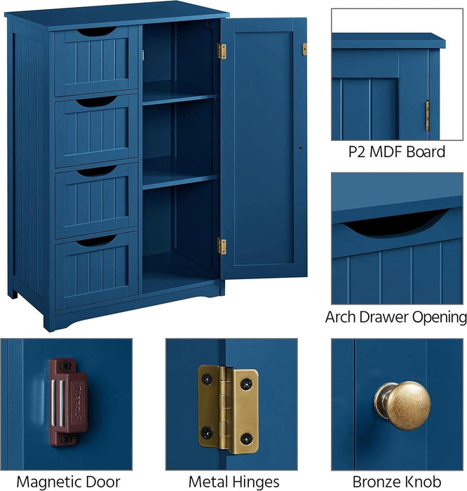 Wooden Bathroom Floor Cabinet, Side Storage Organizer Cabinet with 4 Drawers and 1 Cupboard, Freestanding Entryway Storage Unit Console Table, Bathroom Furniture Home Decor, Navy Blue
