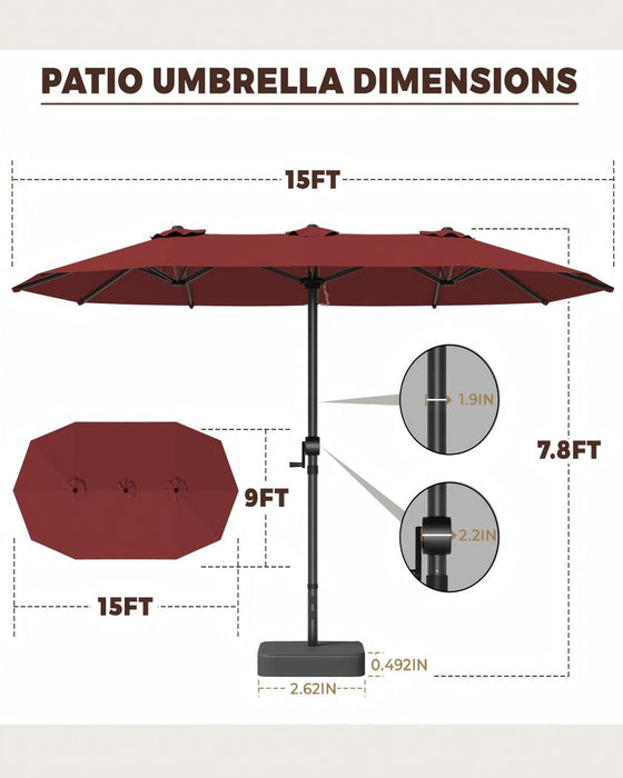 15FT Large Patio Umbrella with Base Included, Outdoor Deck Standing Umbrella with Crank Handle, Double-Side Rectangular Pool Umbrella for Outside, Market, Patio, Burgundy