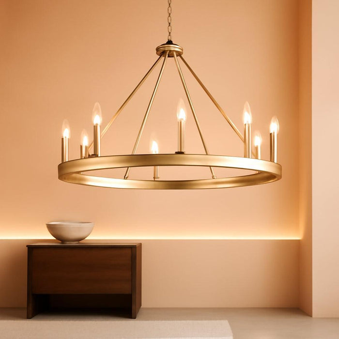 Gold Wagon Wheel Chandelier 37.4 Inch, 12-Light Large round Industrial Gold Farmhouse Chandeliers for High Ceilings Dining Room Living Room Foyer Entryway Outdoor Porch