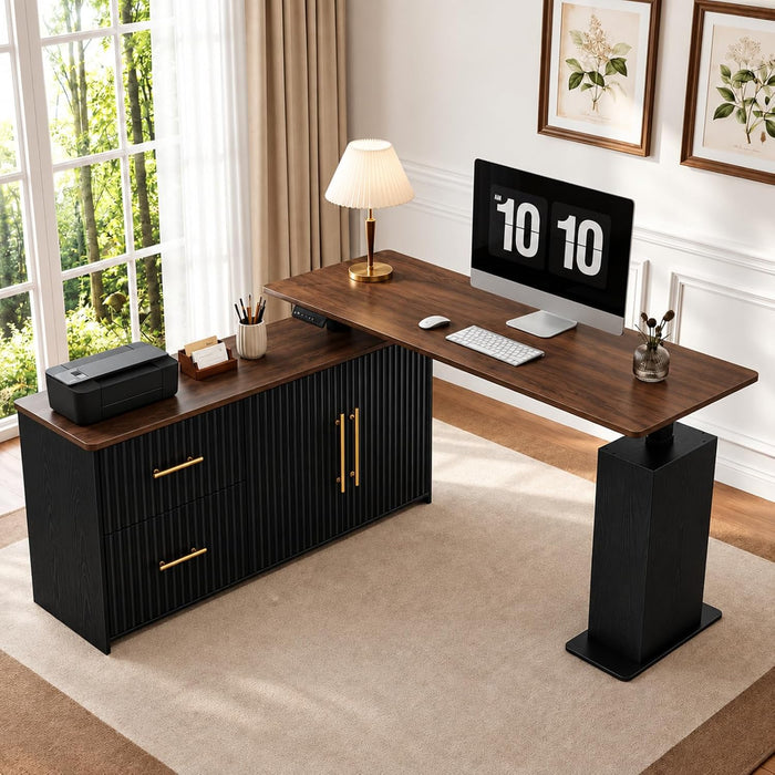 55" L-Shaped Electric Standing Desk with Drawers and Storage Cabinet, Height Adjustable Corner Desk for Home Office, 3 Memory Presets