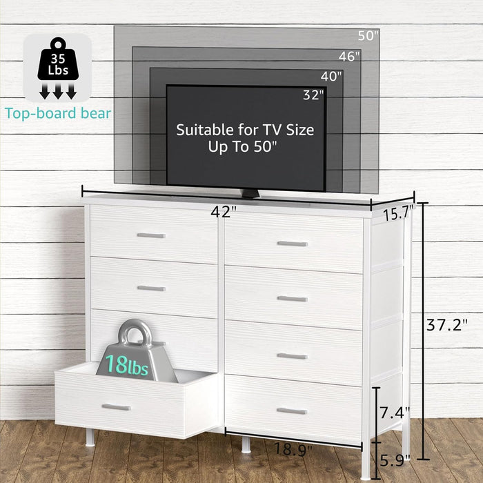 White Dresser for Bedroom 8 Drawer,Wide Dresser TV Stand for 50" TV Dressers & Chests of Drawers Fabric Dresser for Closet Modern