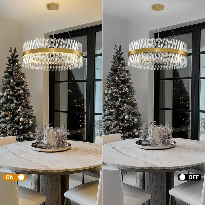 Modern Crystal Chandelier, 32 Inch Gold Crystal Chandeliers for Dining Room over Table, Luxury round Chandeliers for Living Room Dining Room Light Fixture Chandelier for Entryway Bedroom, Kitchen