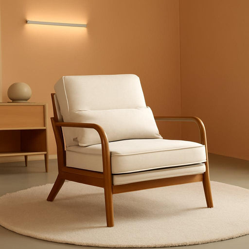 Accent Chair Mid-Century Modern Chair with Pillow Linen Fabric Upholstered Lounge Arm Chair with Solid Wood Frame & Soft Cushion for Living Room, Bedroom, Balcony, Beige