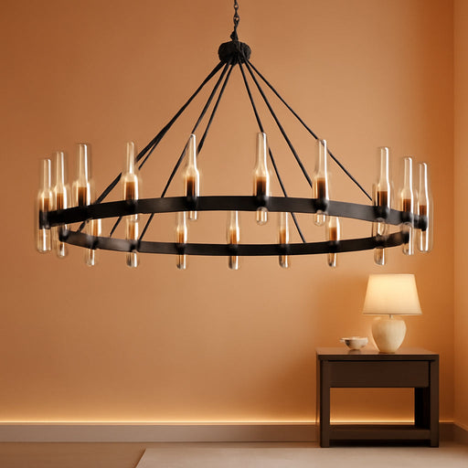 70" 24-Light Black Wagon Wheel Chandelier for High Ceilings Living Room