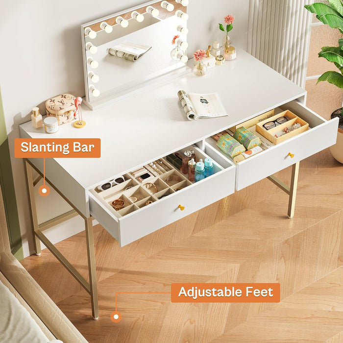 White and Gold Vanity Desk with Drawers, 47 Inch Computer Desk