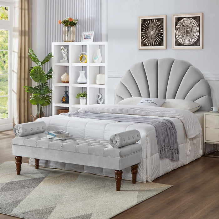 Stunning Crown Design Queen Headboard, Upholstered Soft Velvet Petal Pattern Headboard Queen/Full-Q-Gray