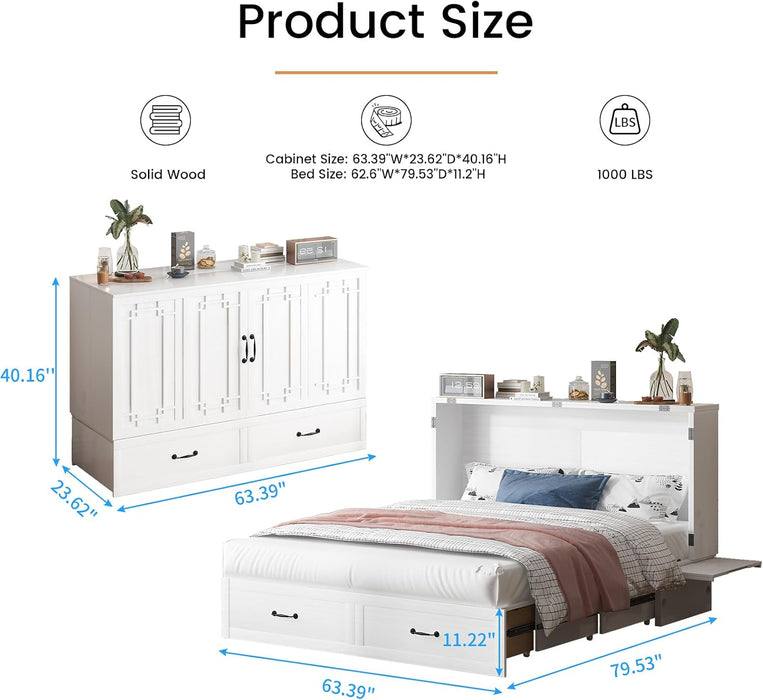 Queen Murphy Bed Cabinet USBPorts With DrawerStorage