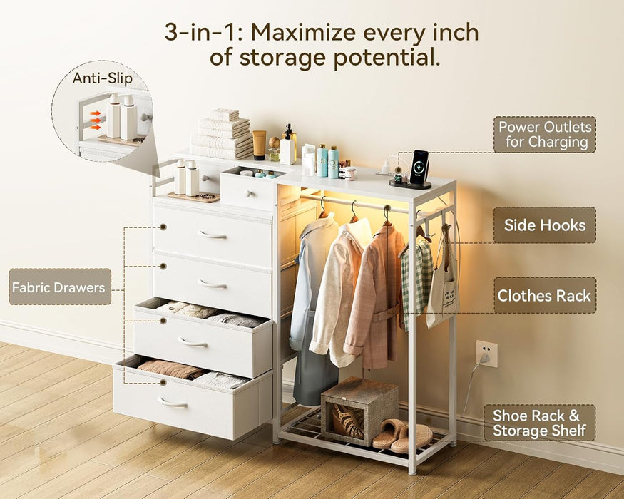 43" W White Dresser for Bedroom with Hanging Rack, Reversible 6 Drawers Dresser with Led Lights & Charging Station, Fabric Closet Dressers & Chest of Drawers with Clothes Rack for Girls, Kids