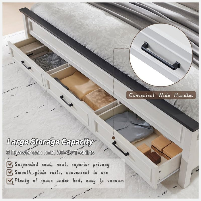 Farmhouse Queen Size Bed Frame with 52" Tall Headboard, Wood Platform Bedframe with Footboard and Storage Drawers, No Squeak, No Box Spring Needed, off White