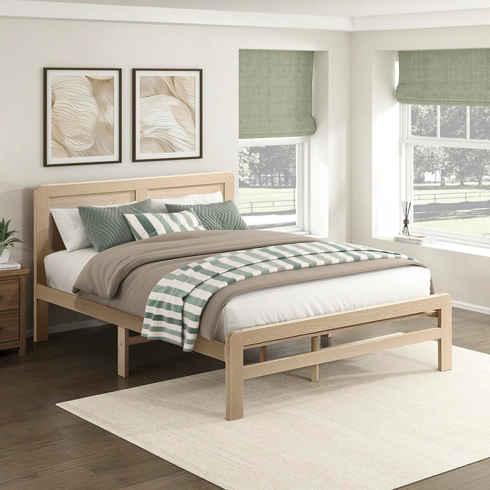 Queen Platform Bed, Faux Wood Veneer Platform Bed Frame with Panel Headboard, Strong Wooden Slats Support, No Box Spring Required, Easy Assembly, Natural