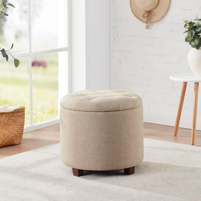 Decor round Ottoman with Storage, round Vanity Chair Stool Ottoman Pouf with Storage for Living Room and Bedroom, Linen Beige
