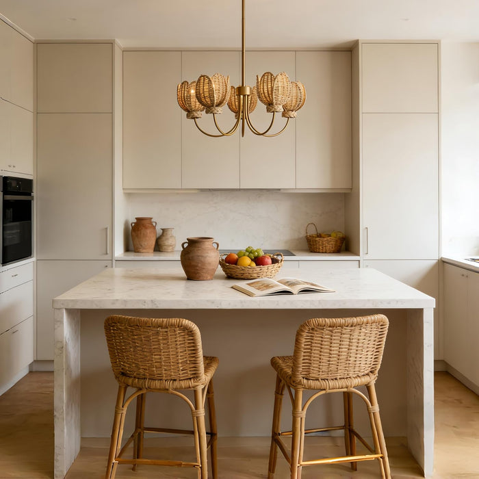 Natural Artisanal Wicker and Brass Chandelier, 38'' Hanging Light Fixture with Tulip Shades, Pendant Lights for Dining Room, Bedroom, Living Room