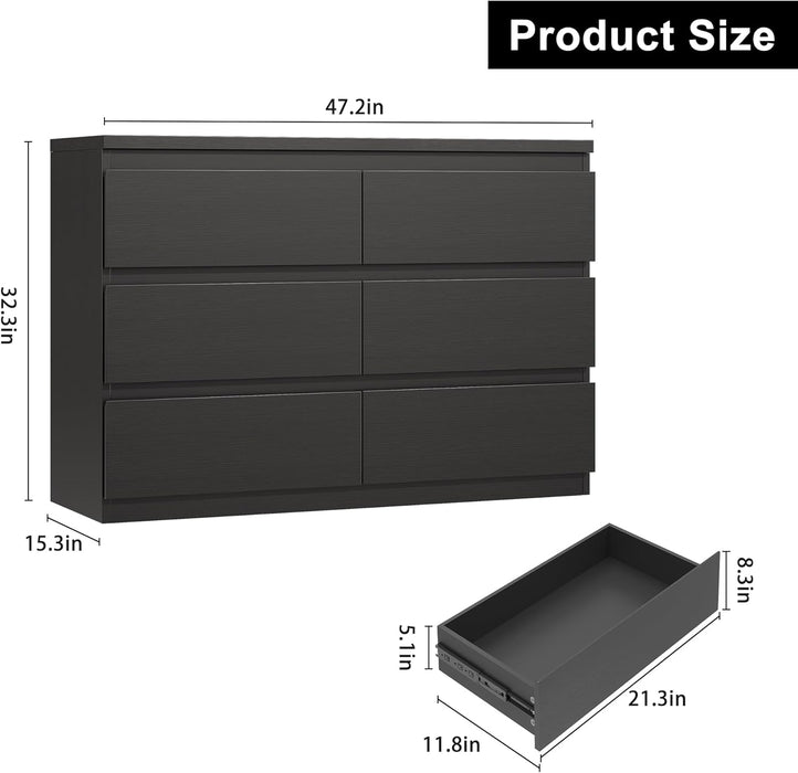 Black 6 Drawer Dresser for Bedroom, 15.3" D X 47.2" W X 32.3" H in Simply Modern Chest of Drawers, Wood Storage Double Dresser with Deep Drawers for Living Room, Hallway Entryway, Black
