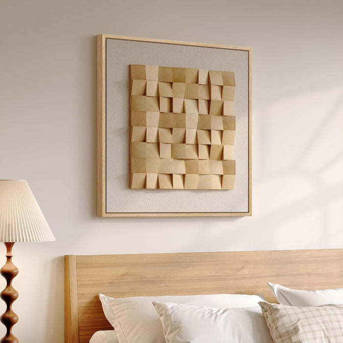 Framed 3D Wood Textured Wall Art, Large Modern Beige Geometric Wooden Artwork for Walls, Minimalist Neutral Square Paintings Wall Decor for Living Room, Dining Room, Bedroom, Office, 28X28 Inch
