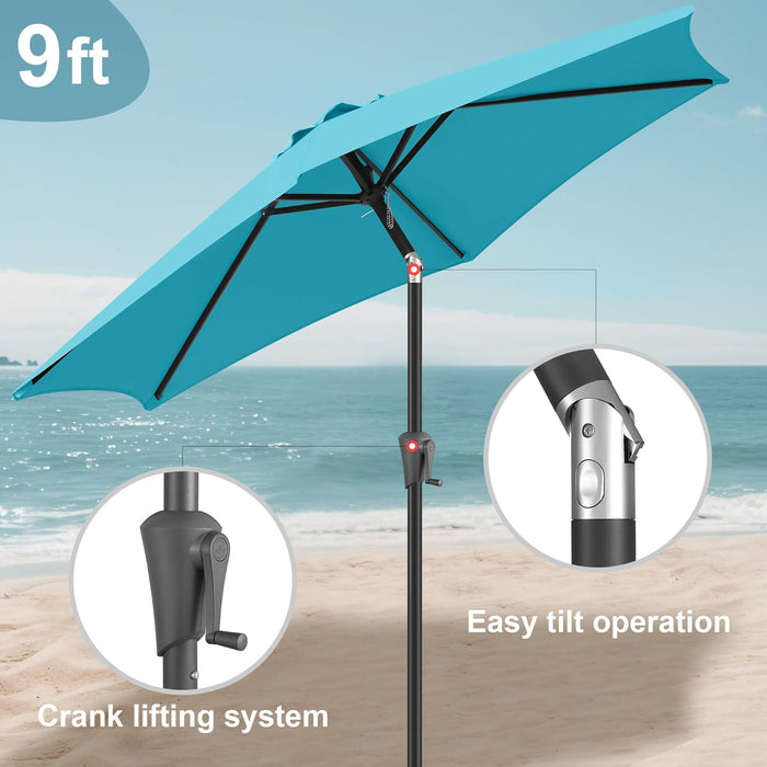 9Ft Patio Umbrella Outdoor - Table Umbrella with Push Button Tilt and Crank, UV Protection, 6 Sturdy Ribs, Market Umbrella for Garden, Deck, Backyard, Lawn, Pool and Beach(Aqua Blue)