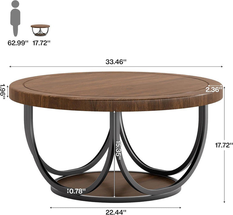 round Coffee Table with 2 Tiers, 33.5" Wooden Circle Accent Cocktail Table with Storage Shelf and Metal Frame, Industrial Center Tables for Living Room, Brown & Black