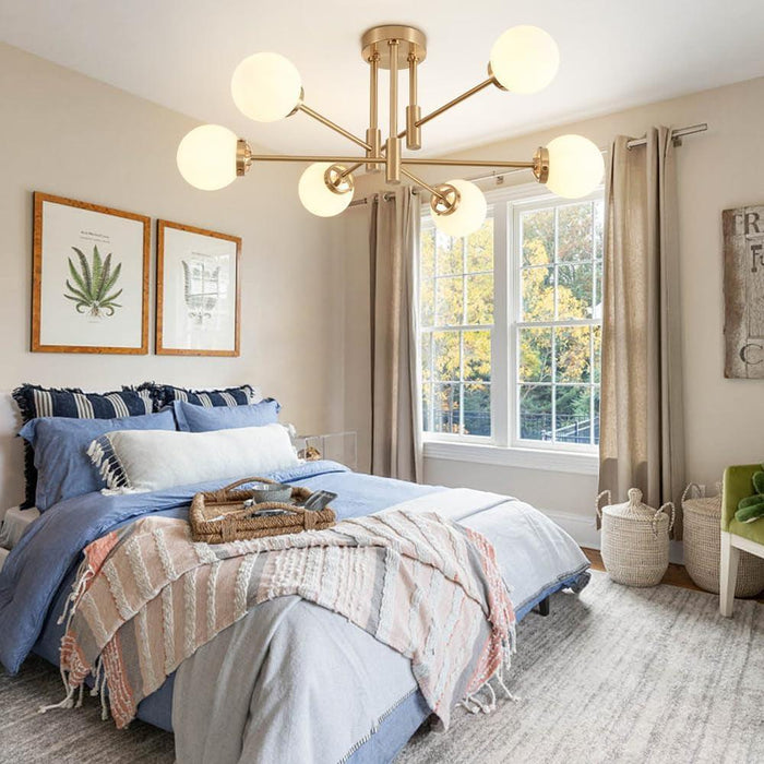 Gold Sputnik Chandelier, Modern Globe Chandelier Light Fixture with Glass Globe Shade, Mid Century Ceiling Light 6-Light for Living Room Dining Room