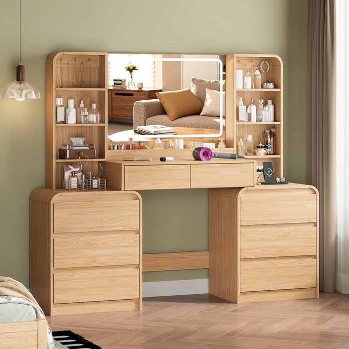 Large 62'' Makeup Vanity Desk with Mirror and Lights,Charging Station | Vanity with 8 Drawers, 6 Shelves, Smart LED Mirror, 3 Light Modes, Charging Hub, Stable Base, Spacious Storage