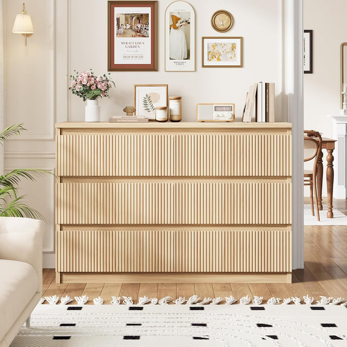 6 Drawer Fluted Dresser, Modern Chest of Drawers for Bedroom with Hidden Handles, Wood Storage Organizer Cabinet for Living Room & Entryway, Oak (15.7" D X 47.3" W X 31.6" H)