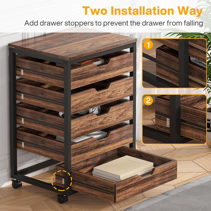 5 Drawer Chest, Wood Storage Dresser Cabinet with Wheels, Industrial Storage Drawer Organizer Cart for Office Bedroom Entryway (Rustic Brown, 1 PC)
