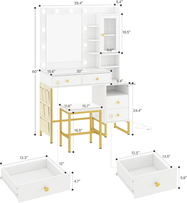 40Inch Makeup Vanity With Lighted Mirror WhiteFinish