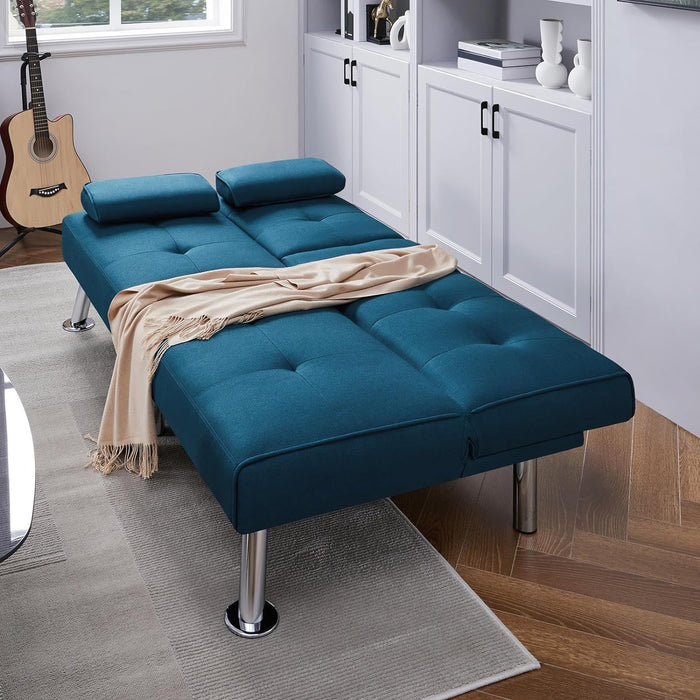 Convertible Sofa Bed Adjustable Fabric Couch Sleeper Modern Recliner Reversible Loveseat Folding Daybed Guest Bed, Removable Armrests, Cup Holders, 3 Angles, 772Lb Capacity, Aqua Blue