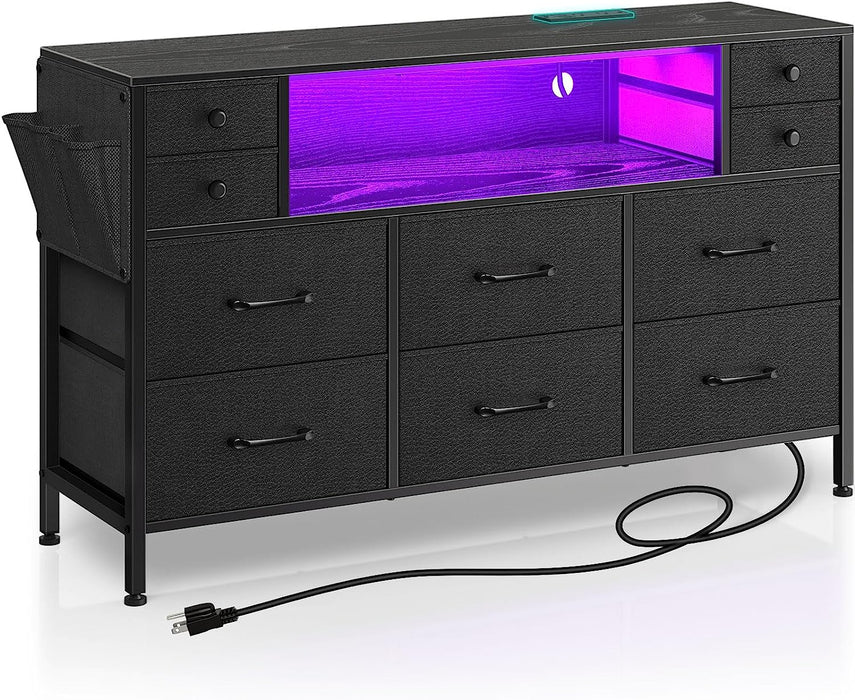 Black Dresser with Charging Station and LED Lights