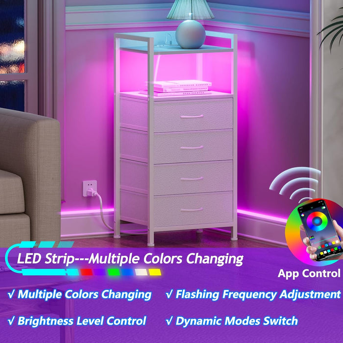 White Nightstand With Charging Station LED Lighting