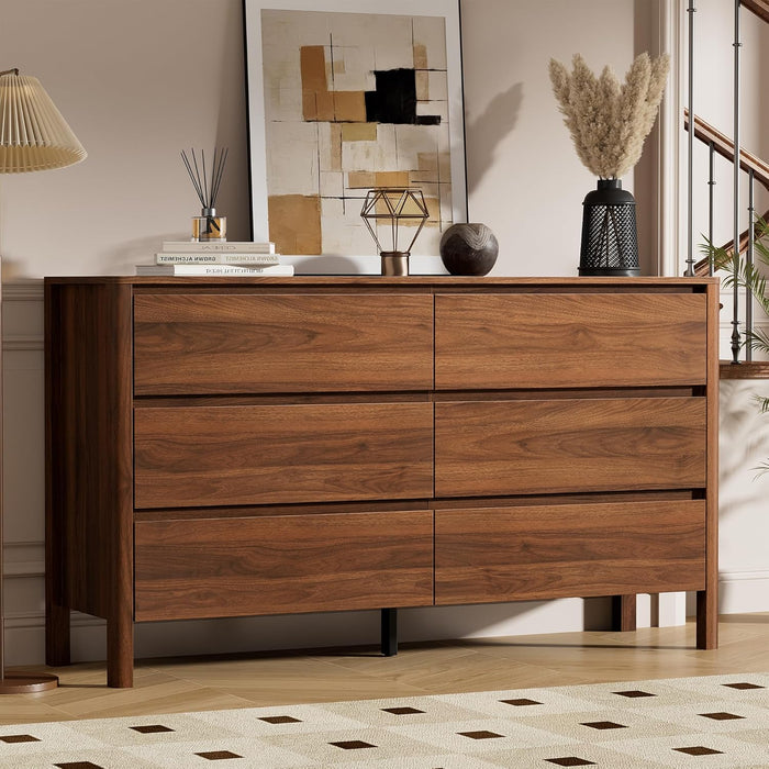 55" Mid-Century Modern Dresser for Bedroom, 6 Drawer Wide Chest of Drawers with Wood Legs, Large Storage Bedroom Dresser, Walnut