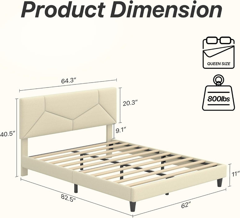 Queen Size Platform Bed Frame with Chenille Headboard, Beige