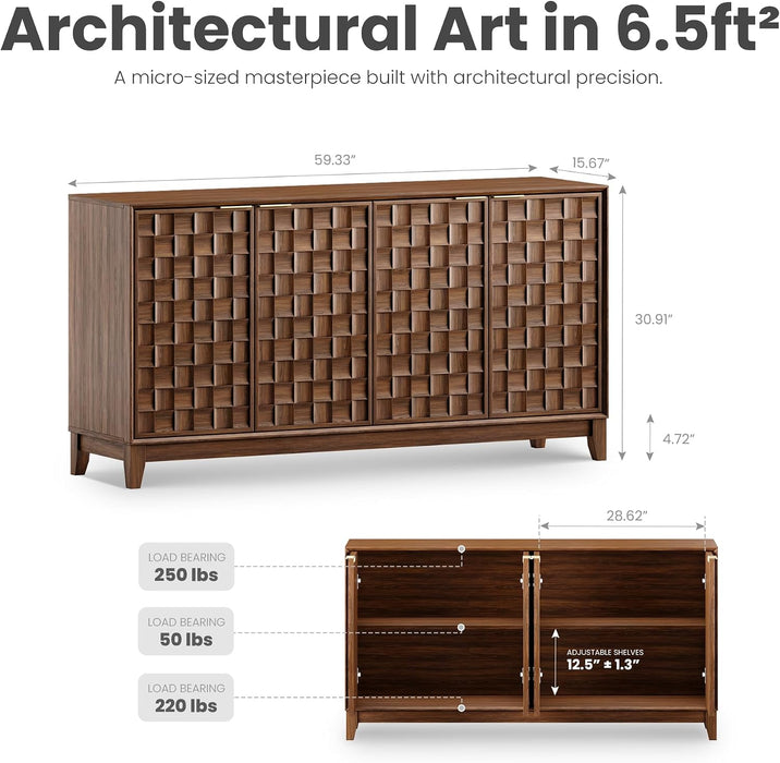 Fluted Sideboard Buffet Cabinet with Storage, 59" Wood Buffet Table with 4 3D-Checkerboard Doors & Adjustable Shelves, Kitchen Dining Room Coffee Bar Cabinet, Mid Century Modern Style, Walnut