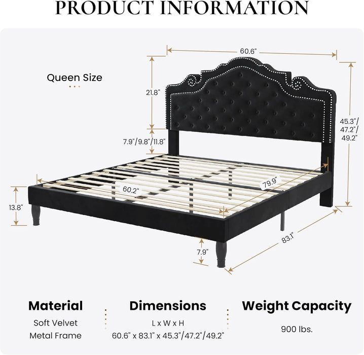 Queen Bed Frame with Adjustable Headboard/Velvet Upholstered/Diamond Button Tufted and Metal Studs/No Box Spring Needed/Wood Slat Support/Easy Assembly/Black