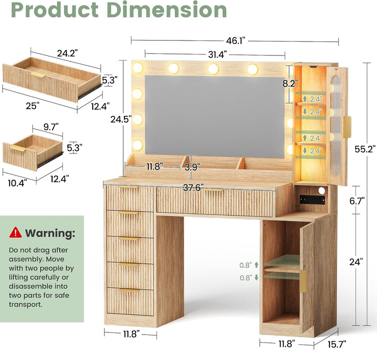 Fluted Makeup Vanity Desk with Large 31.4" Mirror and Sound Sync RGB Lights, Wood Vanity with 6 Drawers, 2 Cabinet & 3 Compartments, Charging Station, Bedroom Dressing Table, Natural Oak