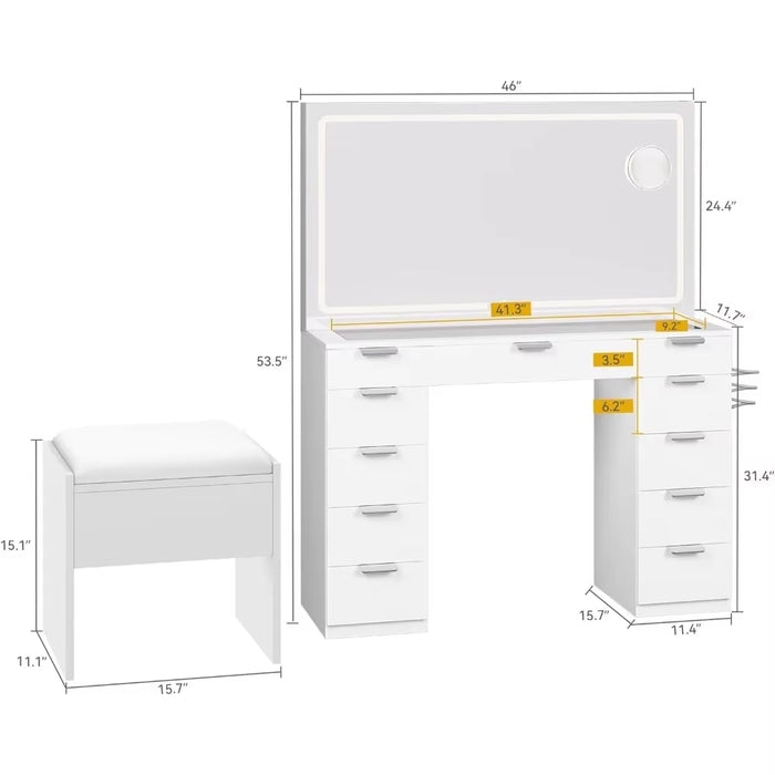 Vanity Desk Set with Adjustable LED Lighted Mirror & Power Outlet, Glass Top Makeup Vanity with 11 Drawers and Magnifying Glass