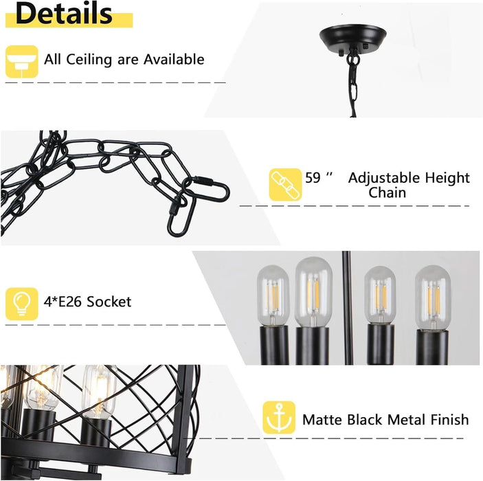 Vintage Chandelier for Entryway, 4 Lights Farmhouse Dining Room Light Fixture, Modern Rustic Black Chandeliers, Industrial Metal Drum Light Fixtures for Kitchen Island Foyer Living Room