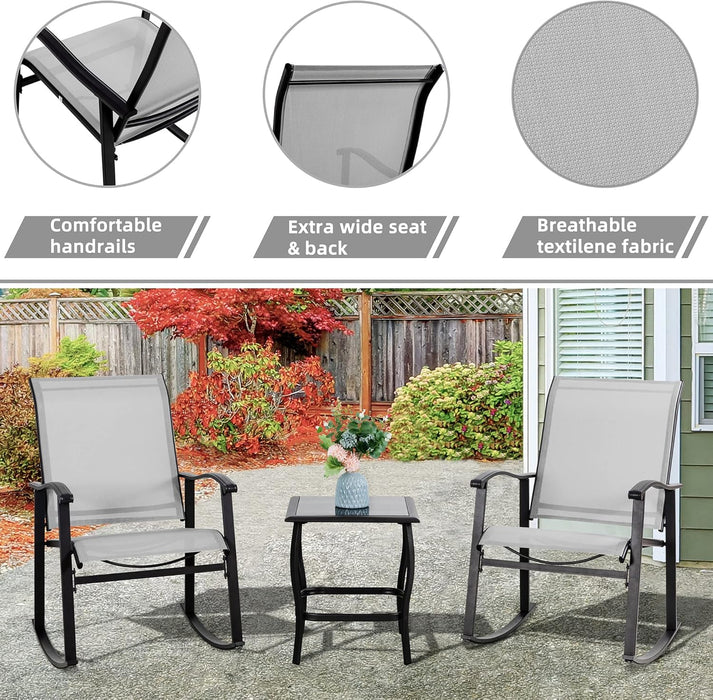 3 Piece Outdoor Rocking Bistro Set, Textilene Fabric Small Patio Furniture Set, Front Porch Rocker Chairs Conversation Set with Glass Table for Lawn, Garden, Balcony, Poolside (Light Gray)