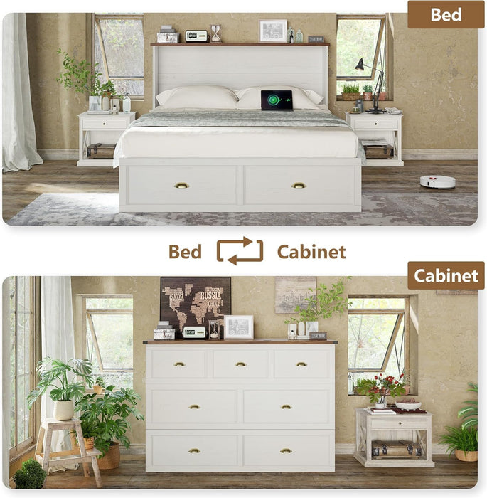 Full Size Murphy Bed, Farmhouse Wooden Cabinet with Charging Station and Storage Drawer for Bedroom/Office/Guest Room, White+Barnwood