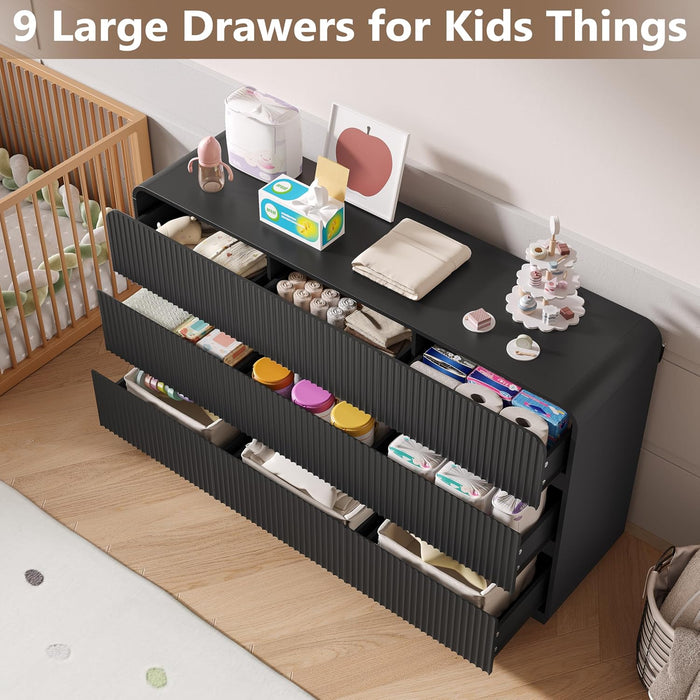 Dresser for Bedroom with 9 Drawers, Fluted Chest of Drawers with round Curved Corner, Hidden Handles, Modern Wood Storage Organizer for Bedroom, Nursery, Living Room