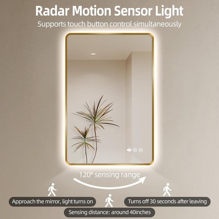 28" X 36" Gold LED Bathroom Mirror with Lights - Motion Sensor
